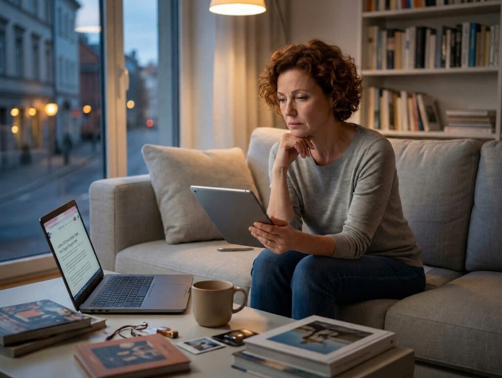 A 48-year-old divorced woman experiencing intimacy struggles while sitting on her sofa.