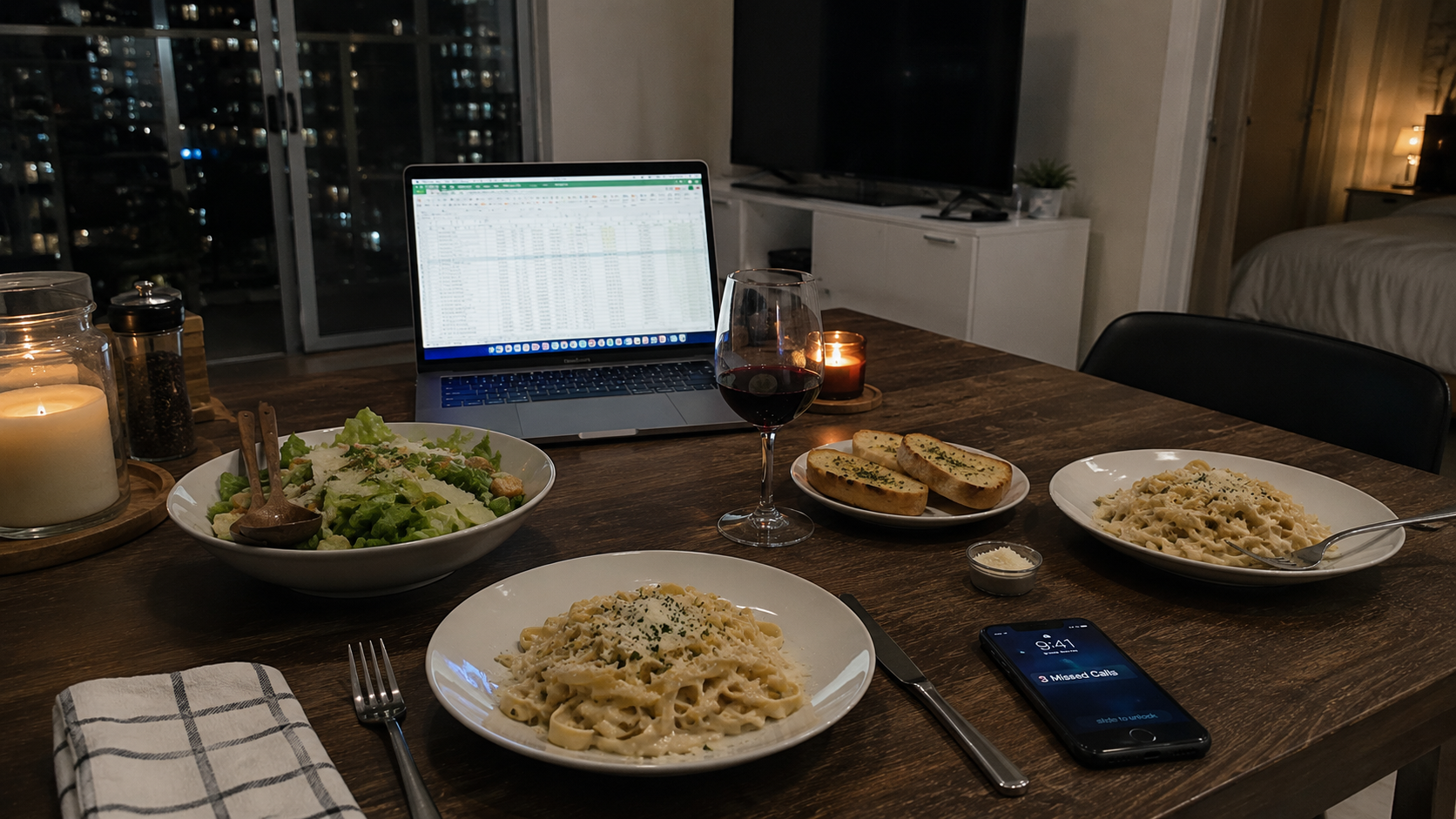 A couple struggling with work life balance relationship as one partner works late into the evening.