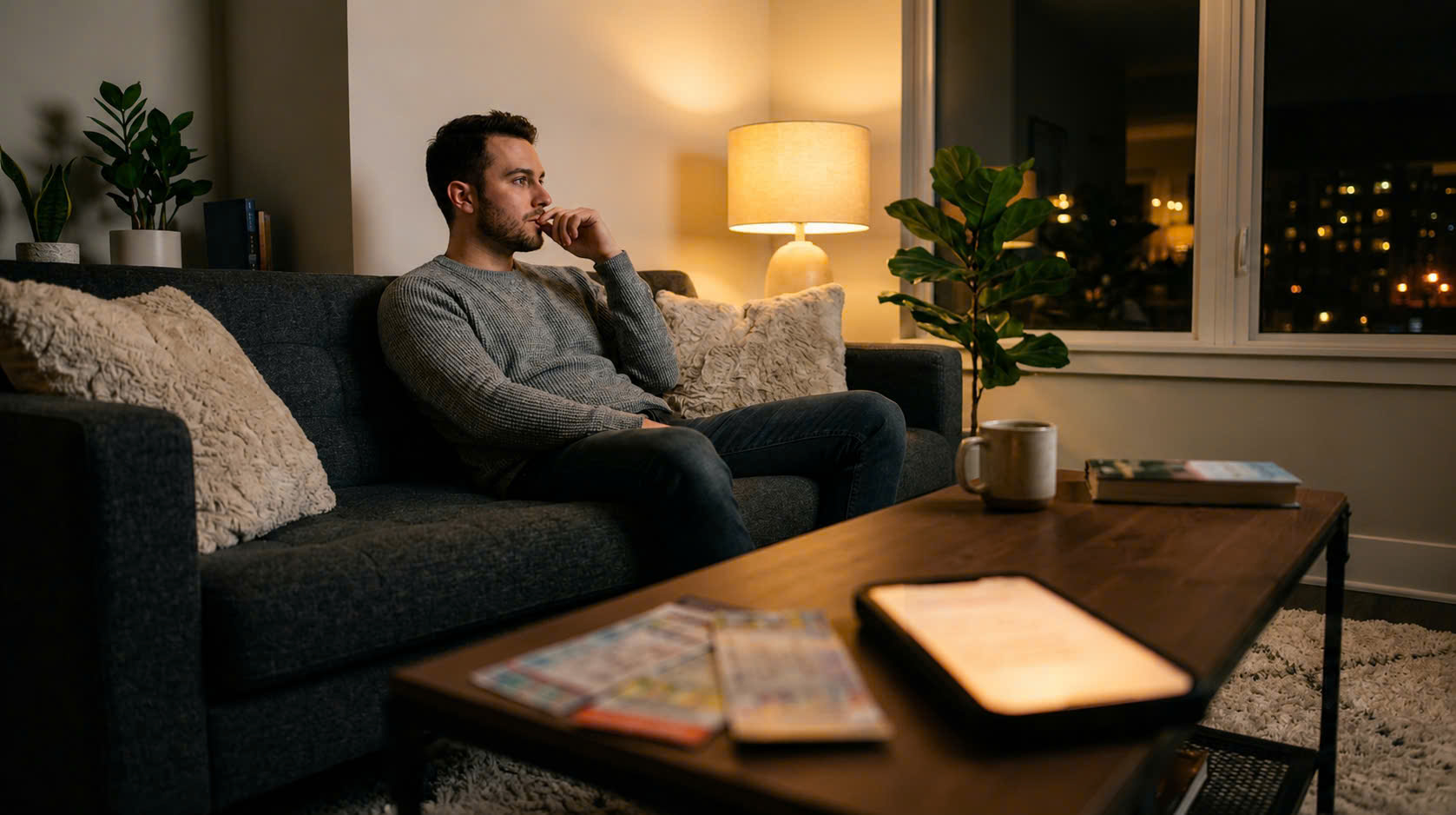 A worried young man sitting on a couch thinking about his girlfriend's expensive concert obsession