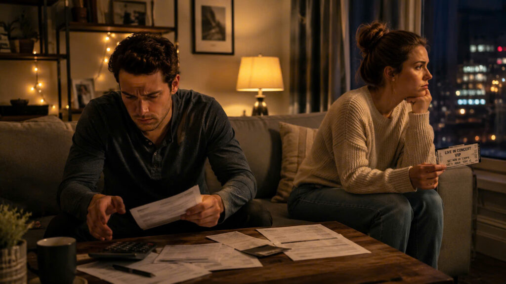Young couple having a serious discussion about concert spending, financial compatibility, and their future together.