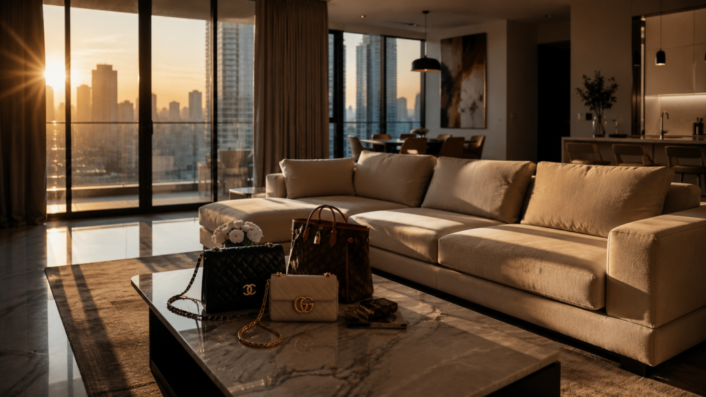 An empty couch next to designer handbags, symbolizing loss after a divorce settlement.