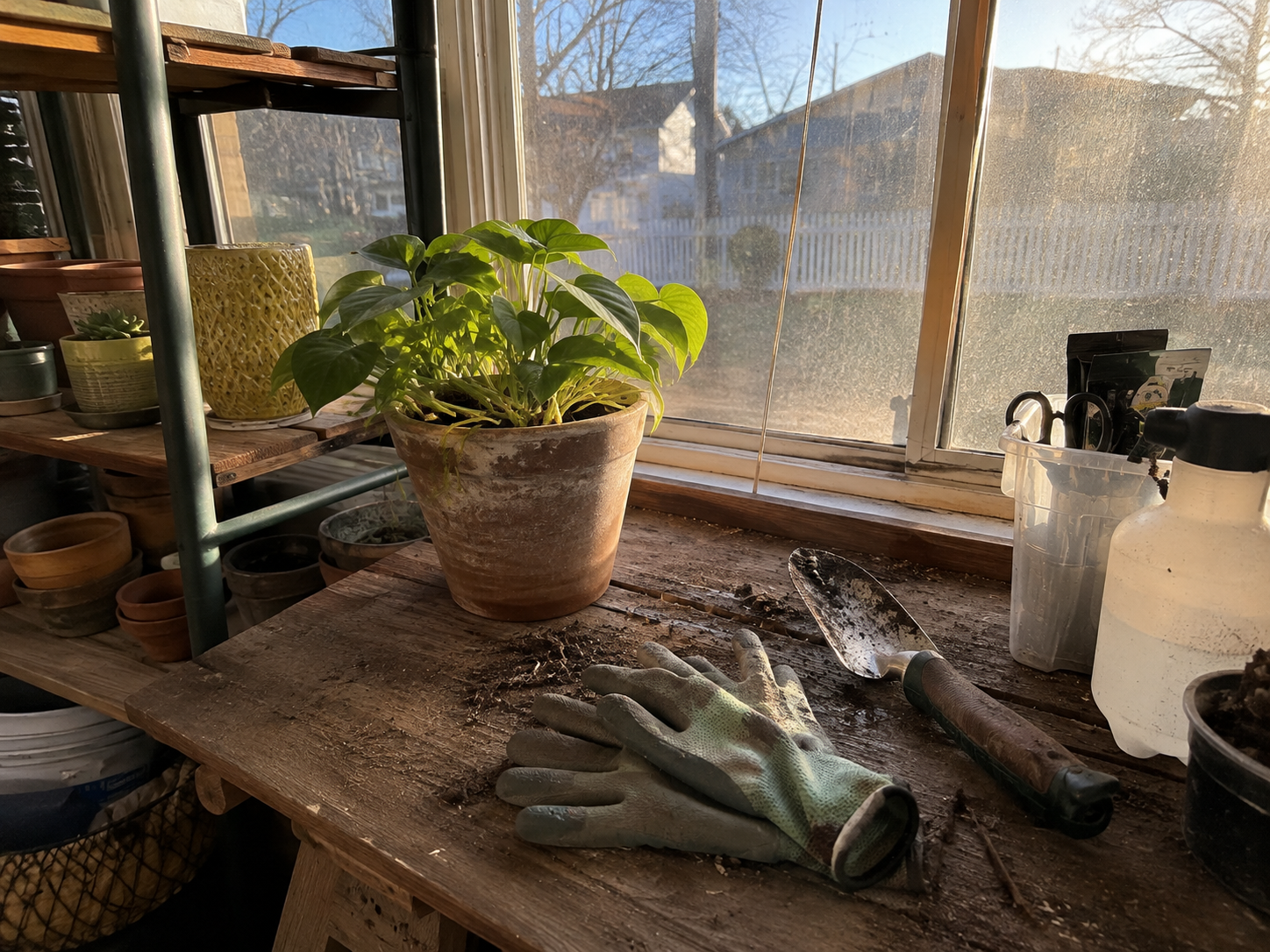 Gardening gloves and a potted plant illustrating divorced woman intimacy struggles at 48