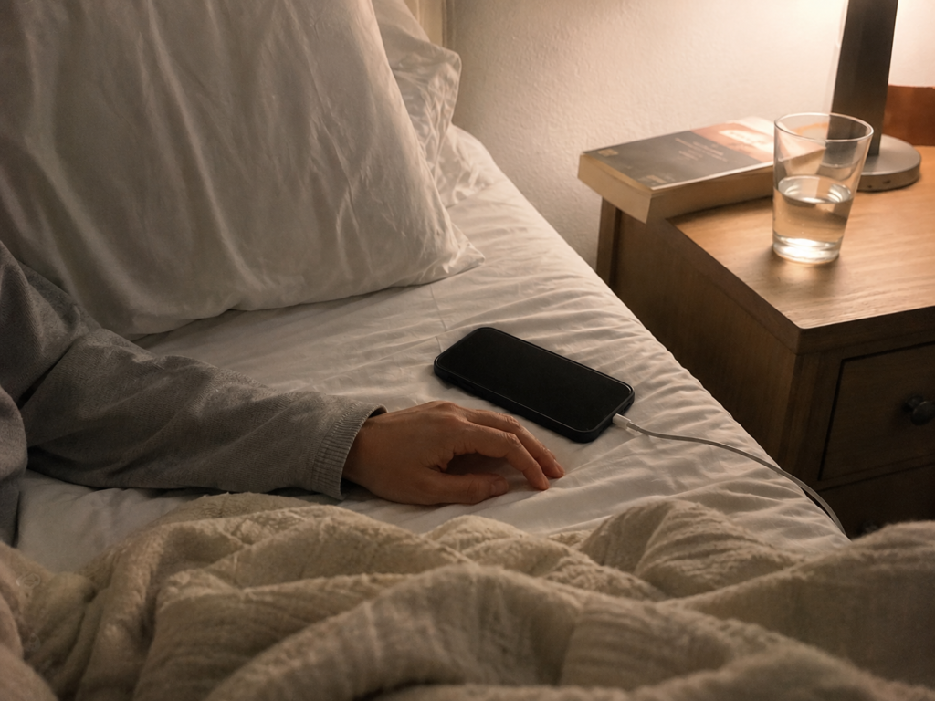 A phone lying beside a bed after ending an online emotional affair.