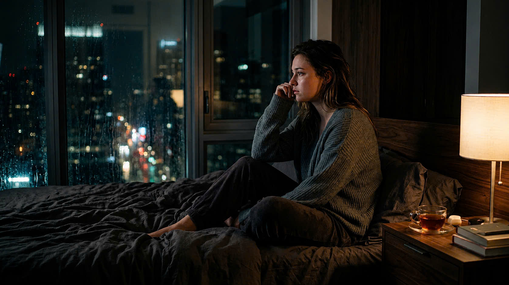A woman standing quietly by a window reflecting on ending an affair