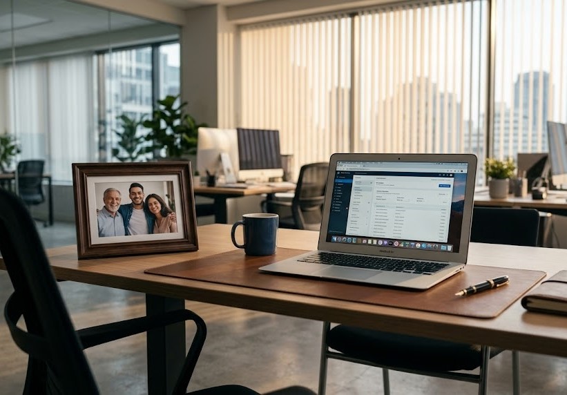 A modern office desk representing career success and complex family dynamics.