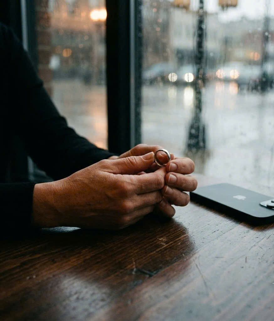 A woman holding her wedding ring on a table, experiencing gaslighting in relationships.