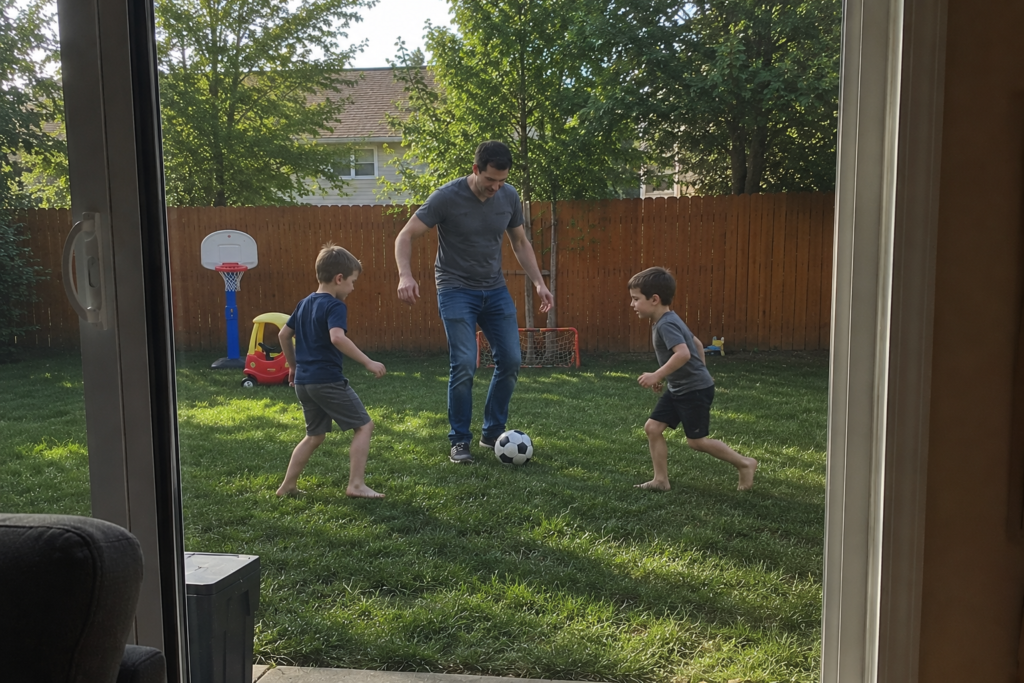 Father playing with toddlers in the backyard while considering getting back together with an ex husband.