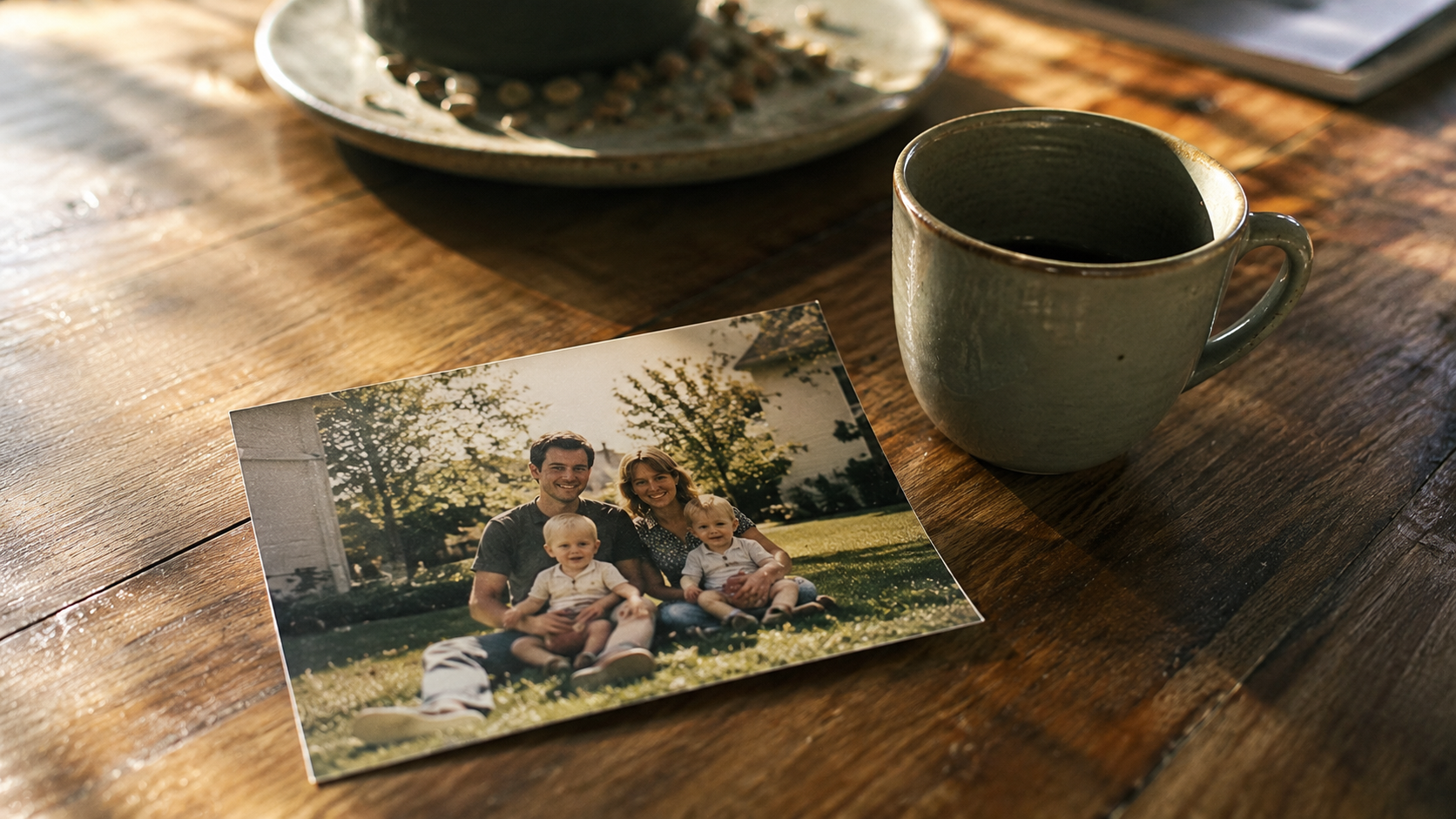 Old family photograph on a wooden table, reflecting on getting back together with an ex husband.