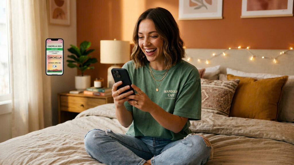 A young woman excited holding smartphone with concert ticket confirmation on screen