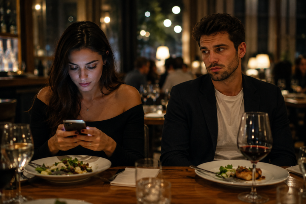 A couple sitting across at a restaurant table with a sense of emotional distance.
