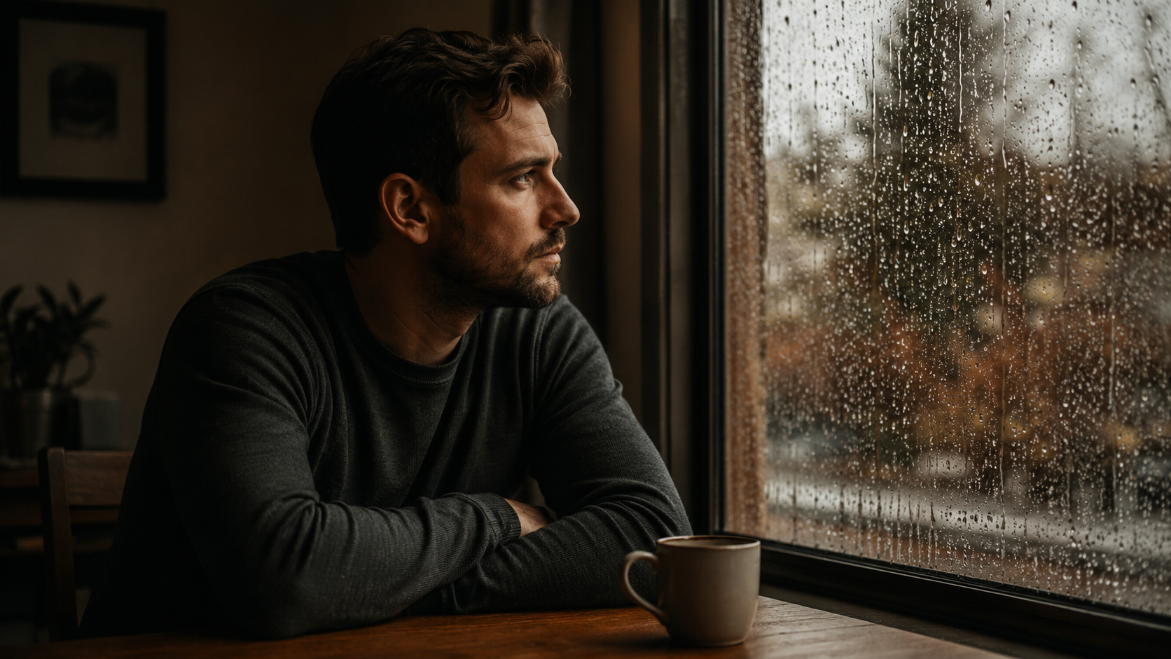 A 32-year-old man sitting by a window, reflecting deeply on infidelity in marriage.