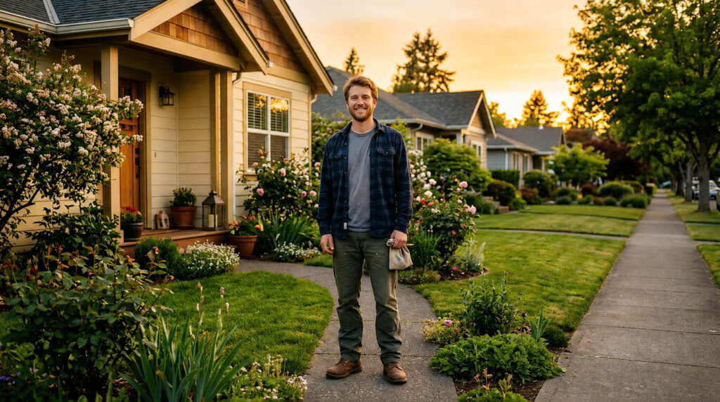 A kind American blue collar worker wearing comfortable casual clothing smiling warmly outdoors