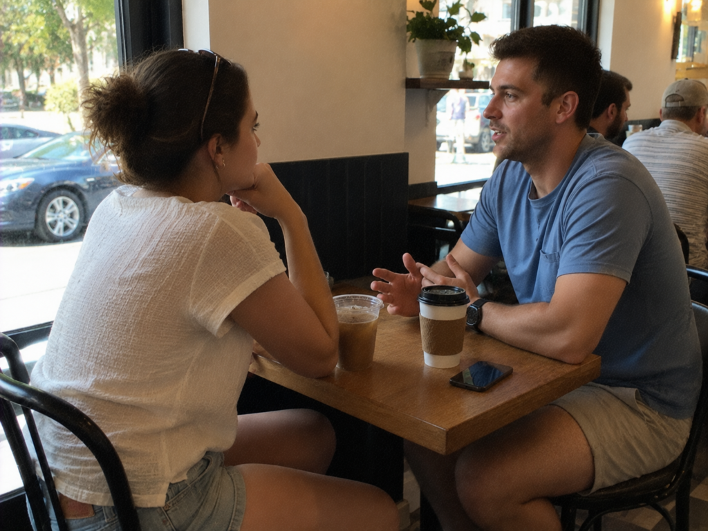 Two people having a difficult conversation about trust, honesty, and lies men tell in relationships.
