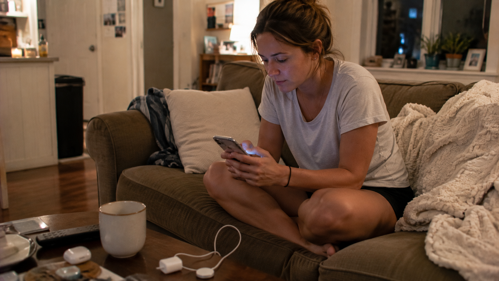 A woman checking her phone while thinking about relationship red flags and lies men tell.