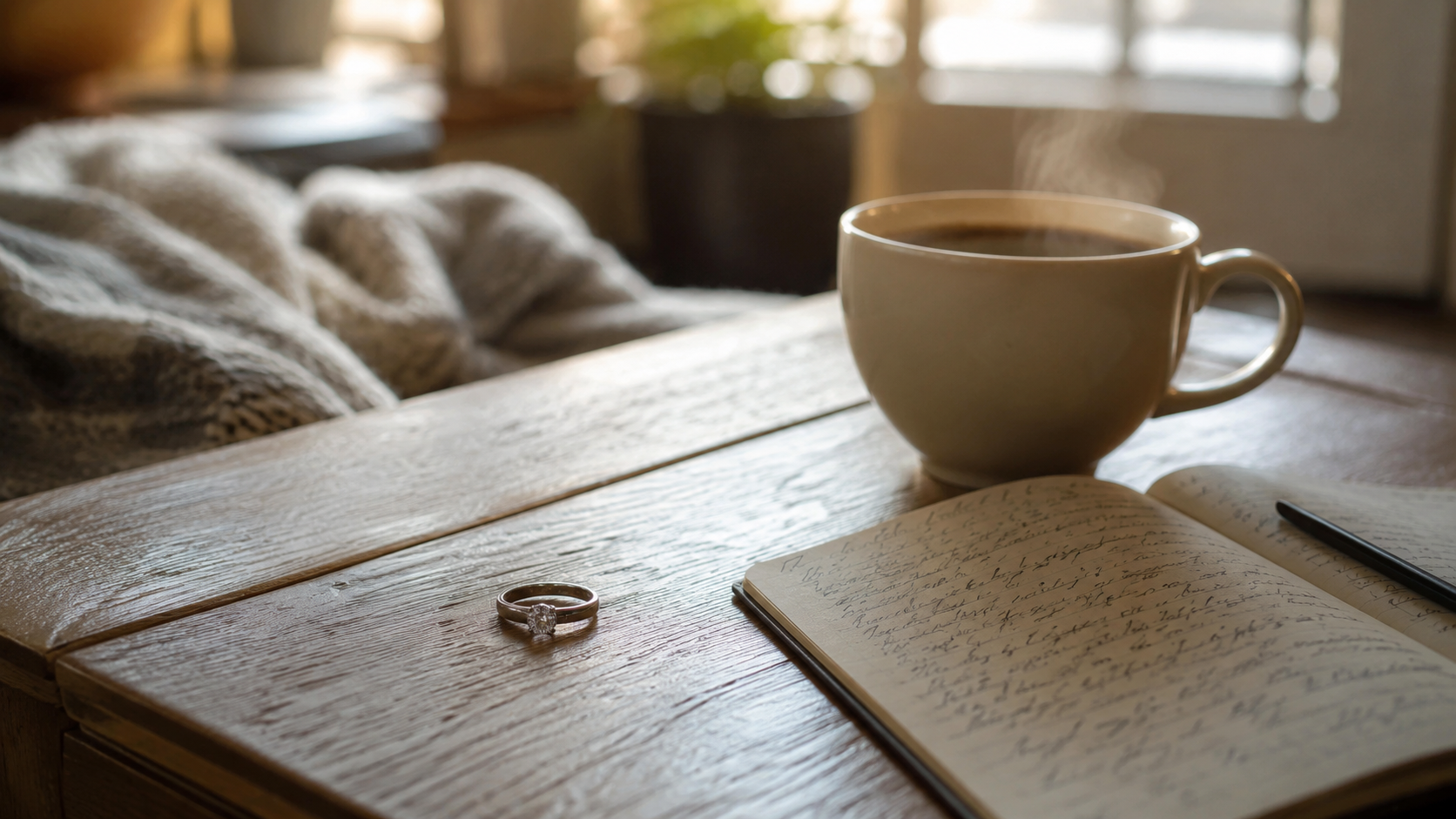 A silver promise ring and journal on a wooden table representing a long-term relationship breakup decision