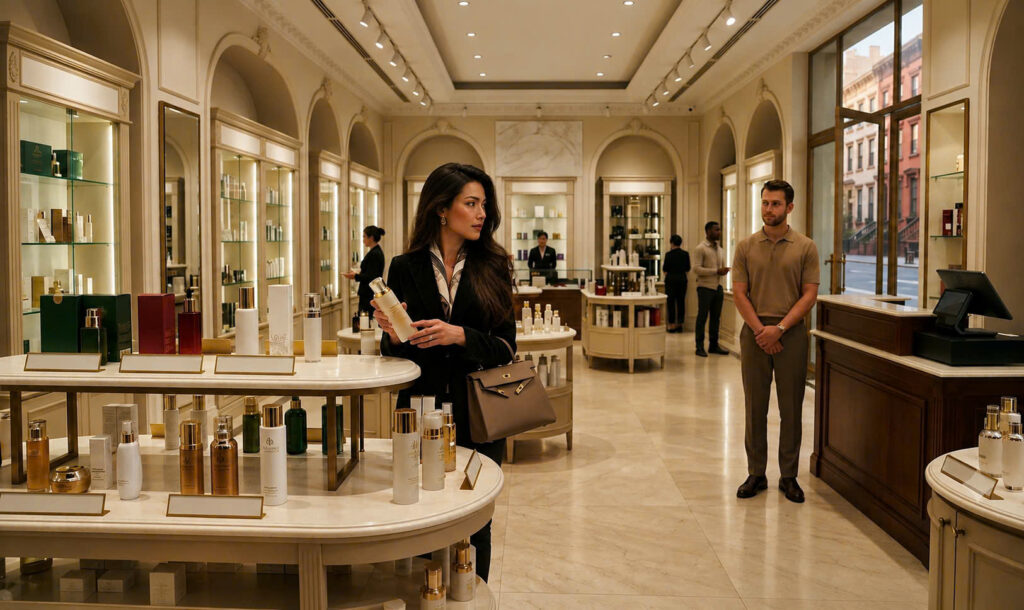 A woman shopping for luxury cosmetics on a date showing signs of financial demands in relationship
