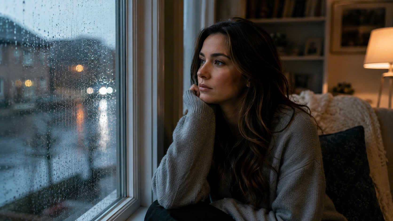 A thoughtful American woman sitting by a window torn between marrying for money or love