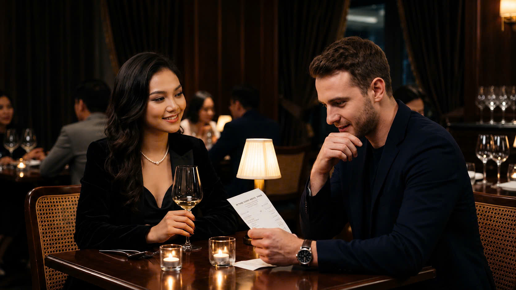 A man looking at a high shopping receipt on a date with a stylish woman illustrating modern dating red flags
