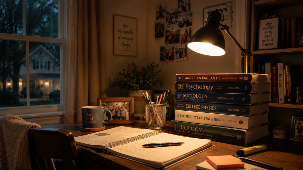 A modest study desk with books representing overcoming adversity through family support.