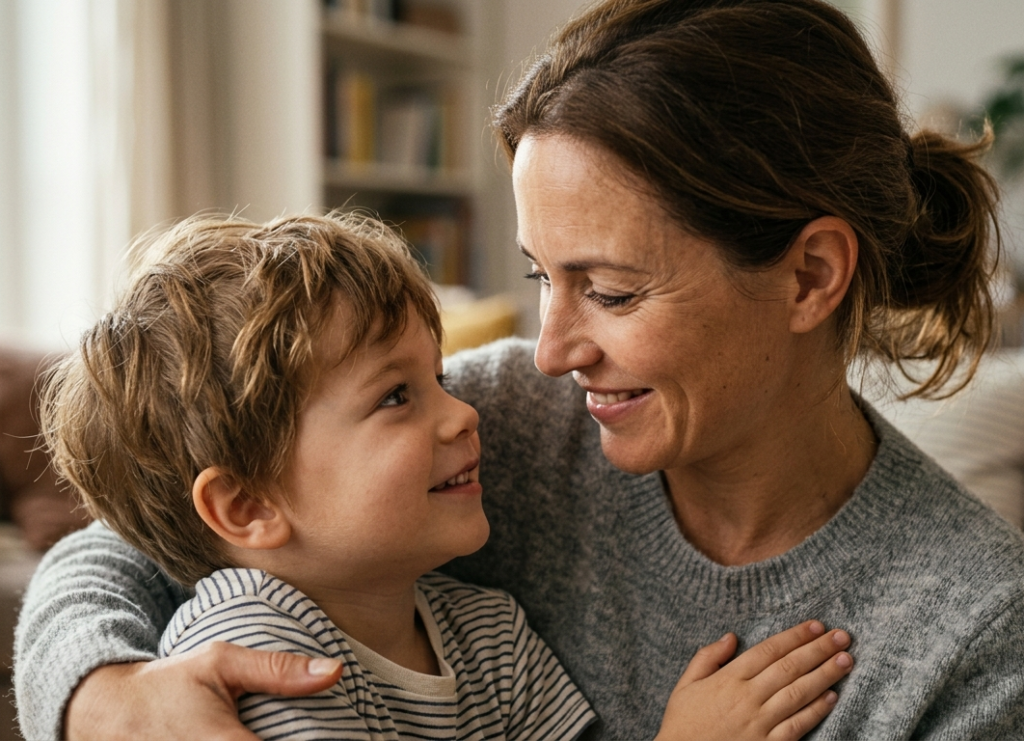 A mother hugging and sharing words of encouragement with her child, illustrating emotional support