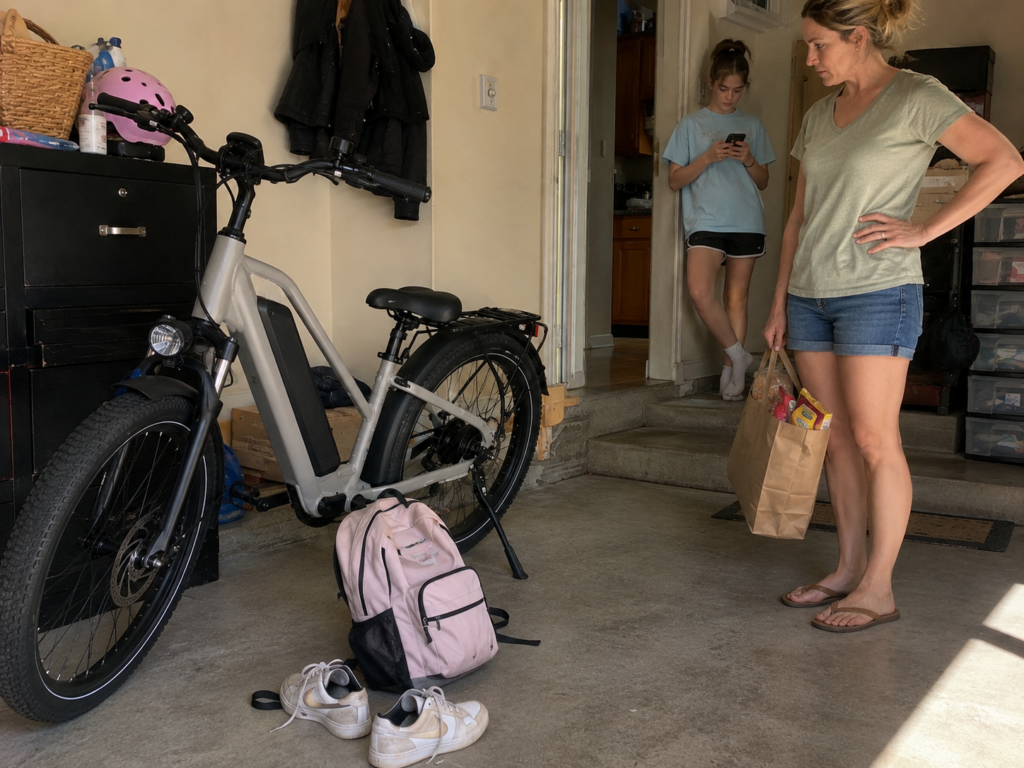 A rebellious teenage daughter’s electric bike sitting beside her school backpack after her mother buys it for her.