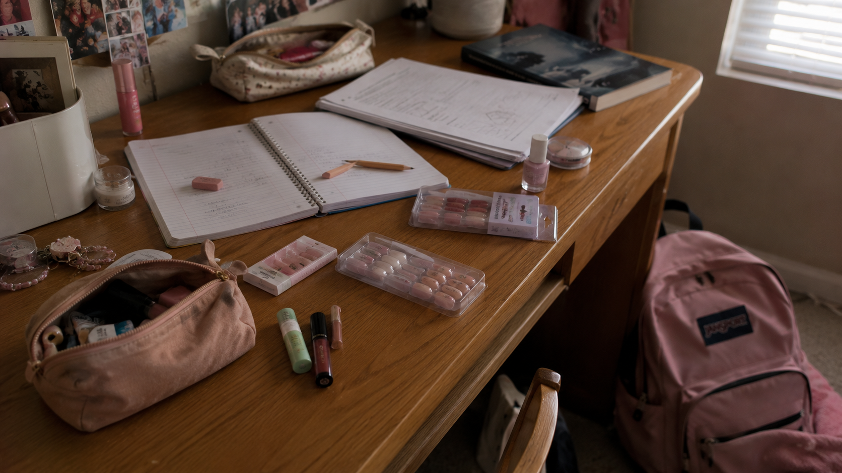 A teenage girl's study desk with makeup and nail products, reflecting the challenges of raising a rebellious teenage daughter.
