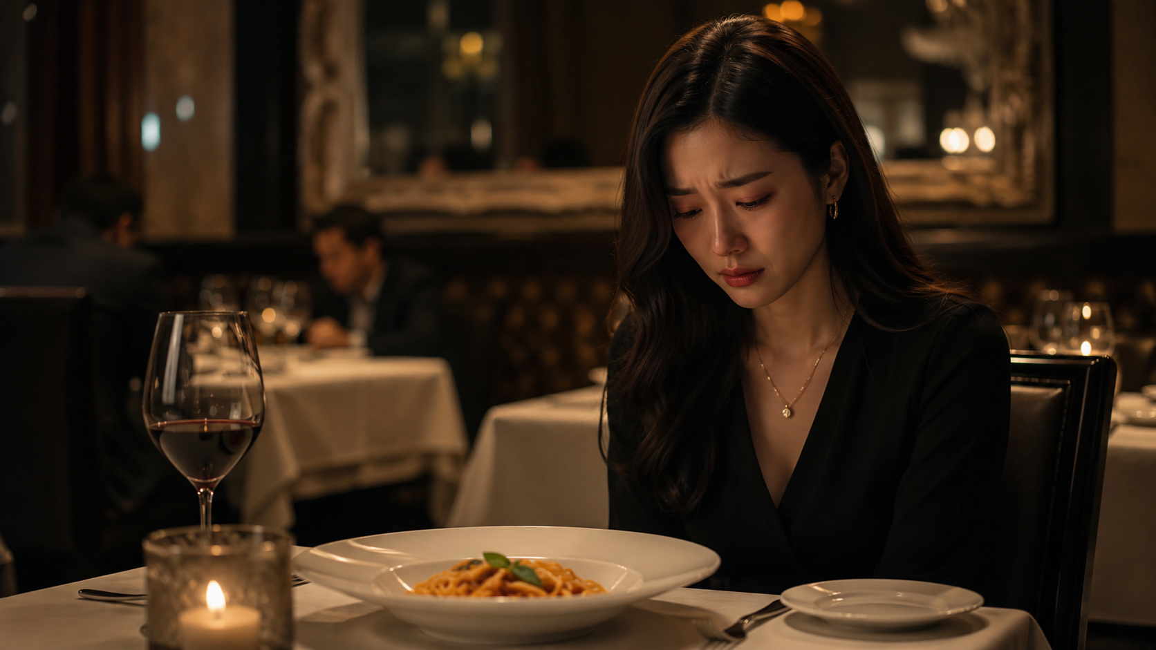 A hurt woman alone at a restaurant table, realizing the red flags before marriage after a conflict