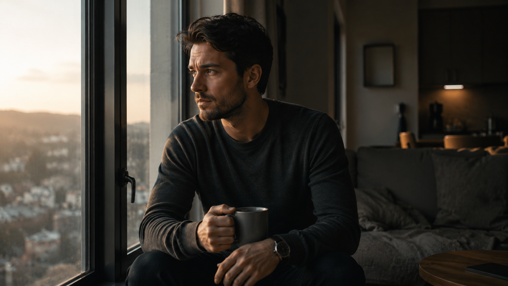 A thoughtful 31-year-old man sitting quietly in a modern apartment, reflecting on his relationship boundaries.