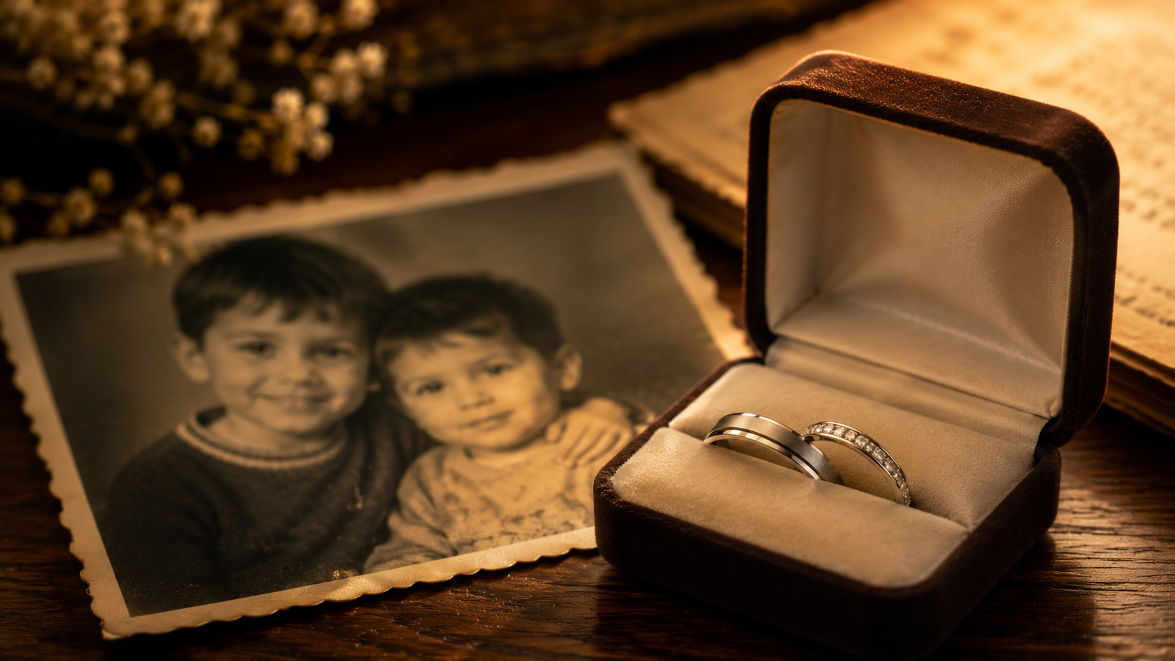 A broken engagement ring next to an old childhood memory symbolizing sibling sacrifice.