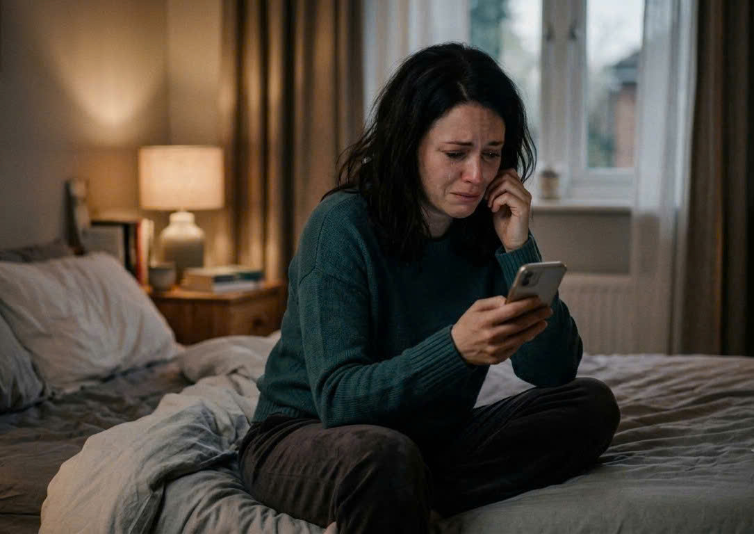 A stressed woman looking at her phone, realizing the signs of a toxic marriage.