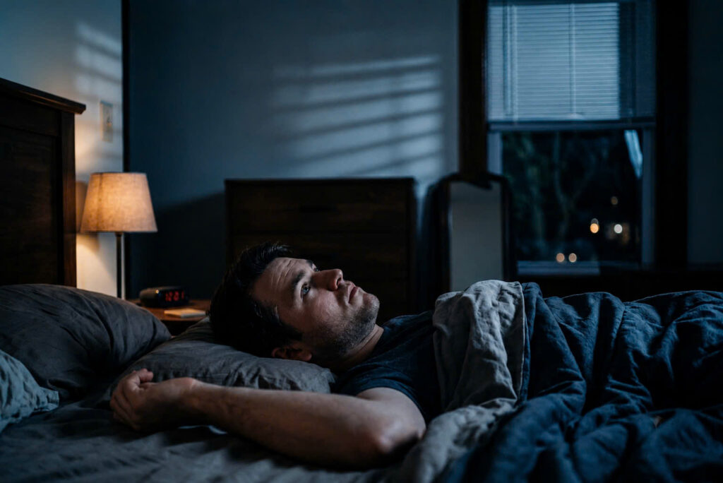A man lying awake in bed at midnight feeling guilt and anxiety before his wedding