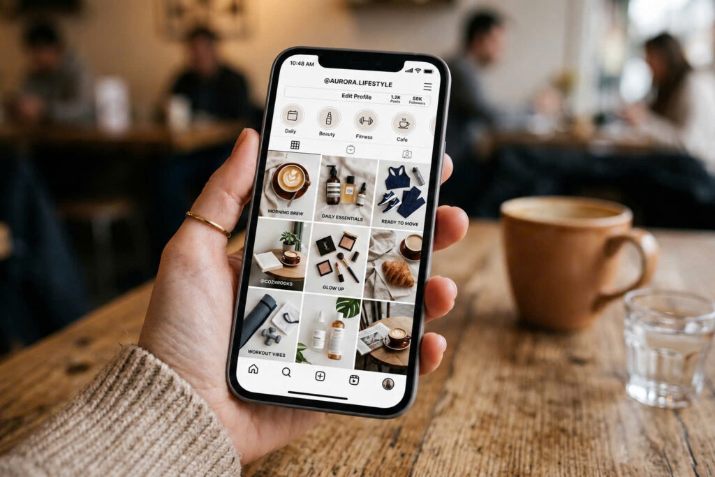 Curated social media profile showing aesthetic lifestyle and luxury skincare products