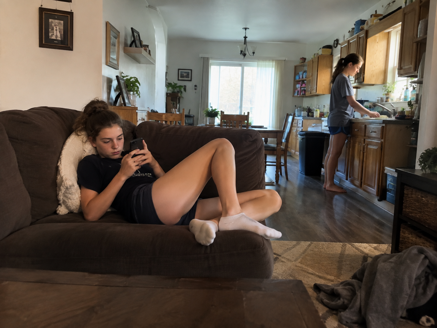 Stepmother watching family tension unfold between two teenage girls in a blended family home