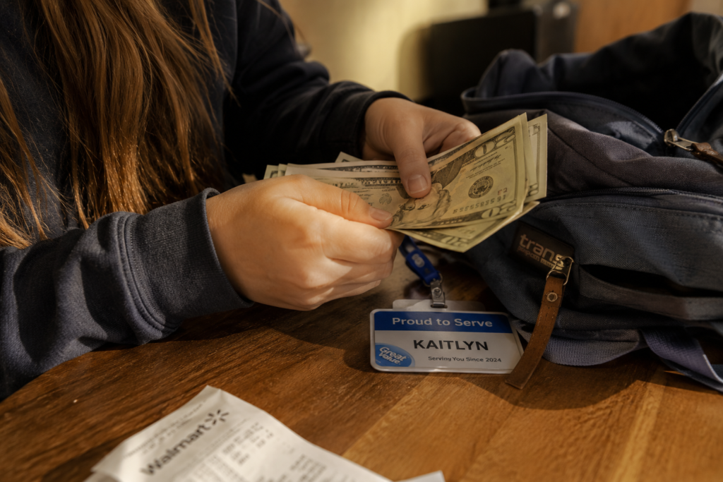 Teenage girl counting money saved from her part-time job