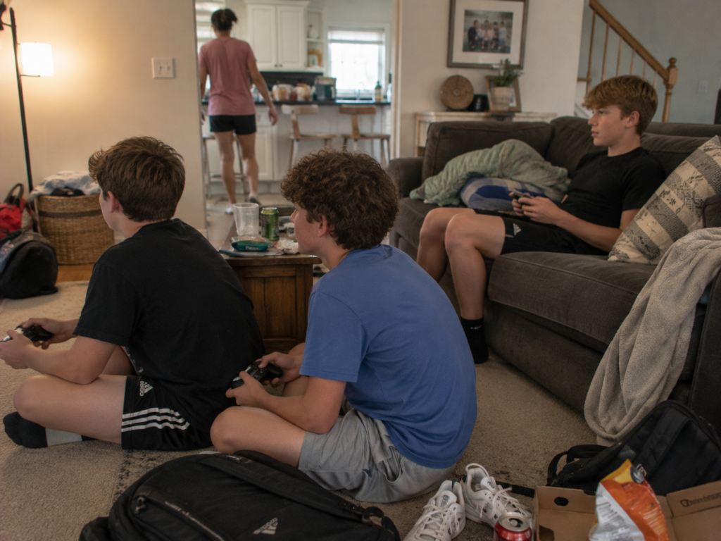 A mother giving her teenage son and his friends space at home, part of her approach to get your teen son to open up.