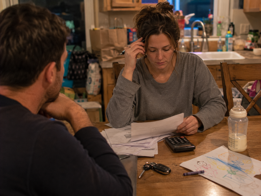 A woman reviewing finances while facing difficult decisions in a toxic marriage.