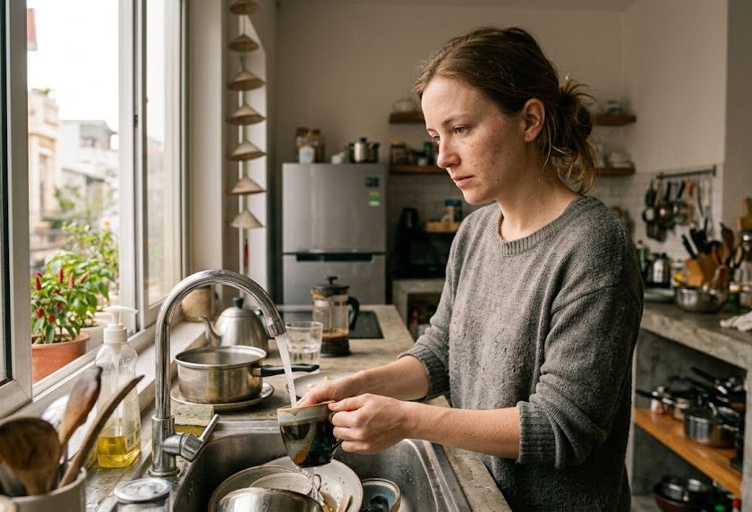 An American woman standing at a kitchen sink reflecting on traditional gender roles in marriage