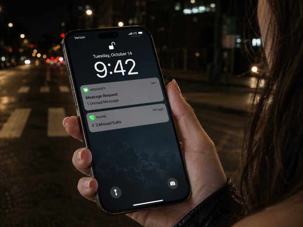 A close-up of a smartphone screen showing unread message notifications during a lonely night walk, a family trip nightmare