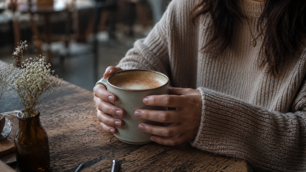 A woman sitting alone in a cozy cafe thinking about waiting for marriage