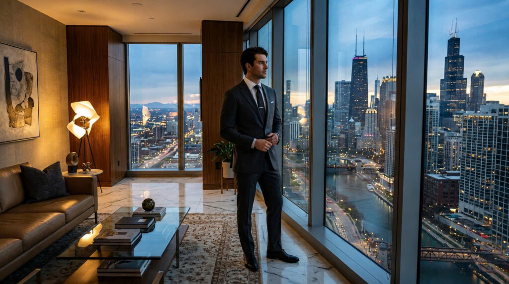 A successful American businessman looking confident in a luxury city apartment
