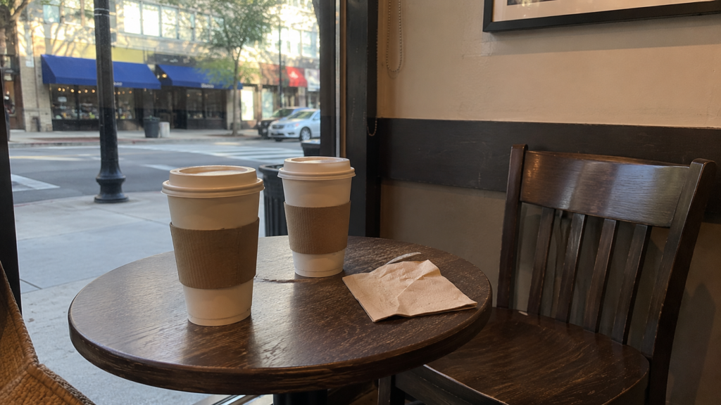 Two coffee cups left on a café table after a breakup caused by work life balance relationship conflicts.