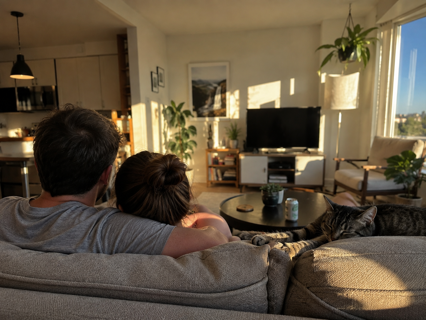 A happy young couple enjoying a childfree marriage at home with their pet