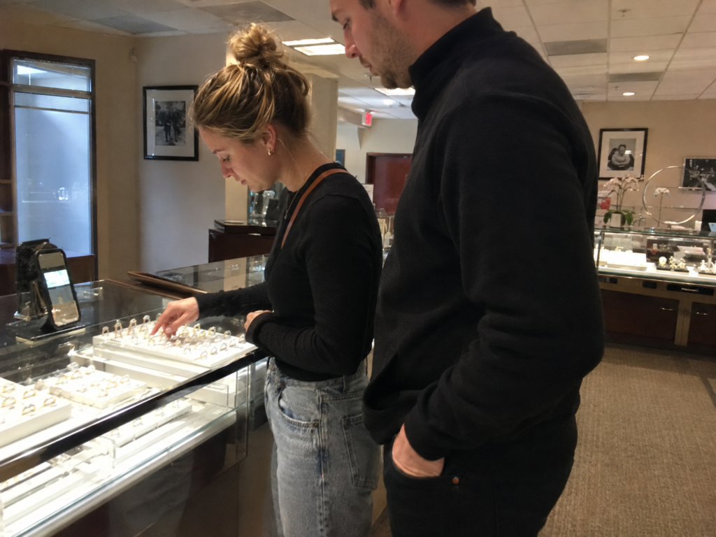 Woman looking at jewelry while dating a wealthy man