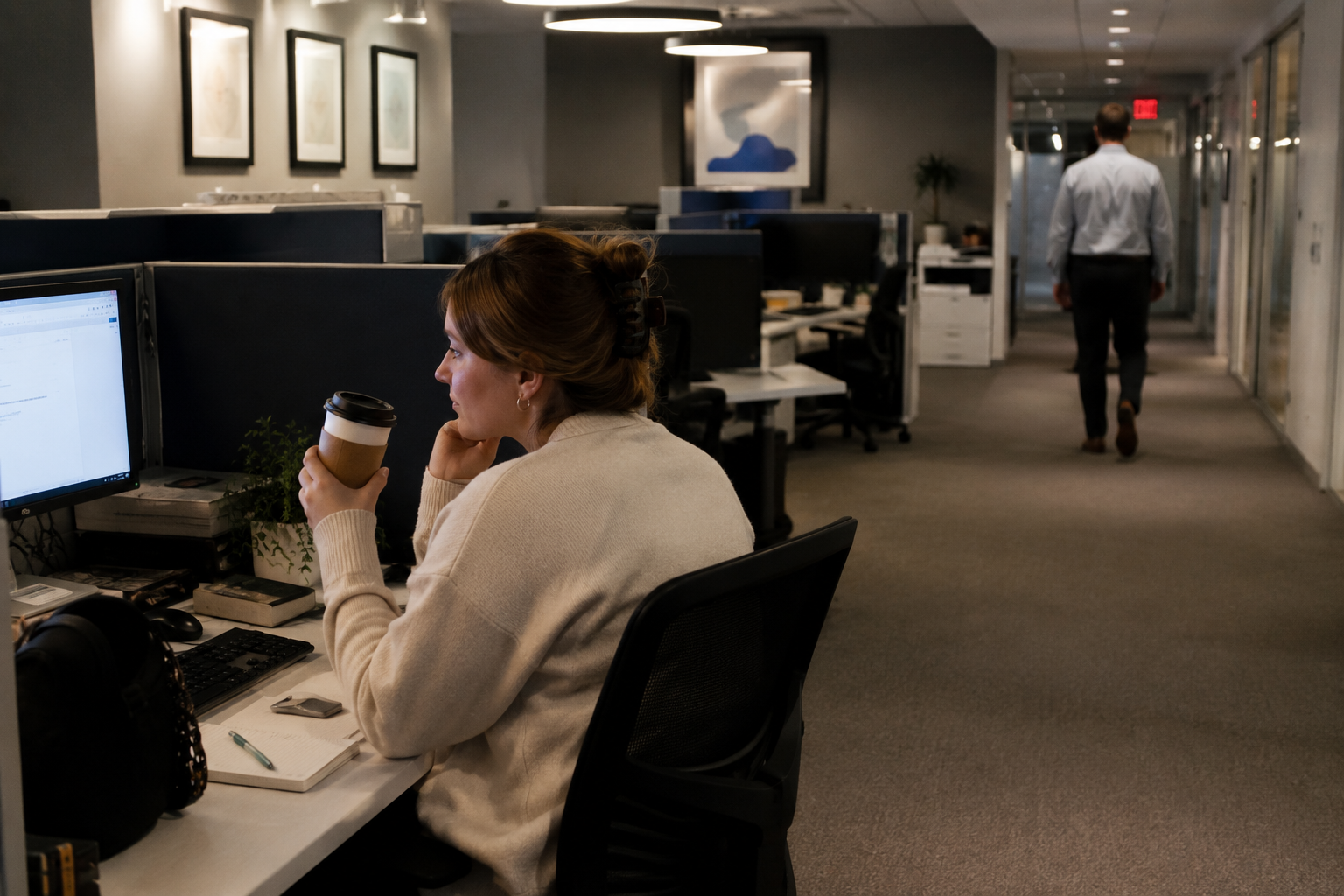 Woman dealing with ex boyfriend mixed signals at work in a corporate office