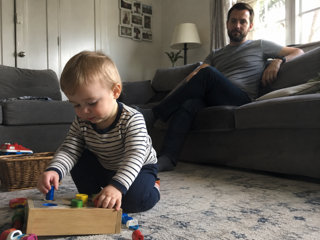 A candid photo of a toddler playing on the floor while a father is distant in the background