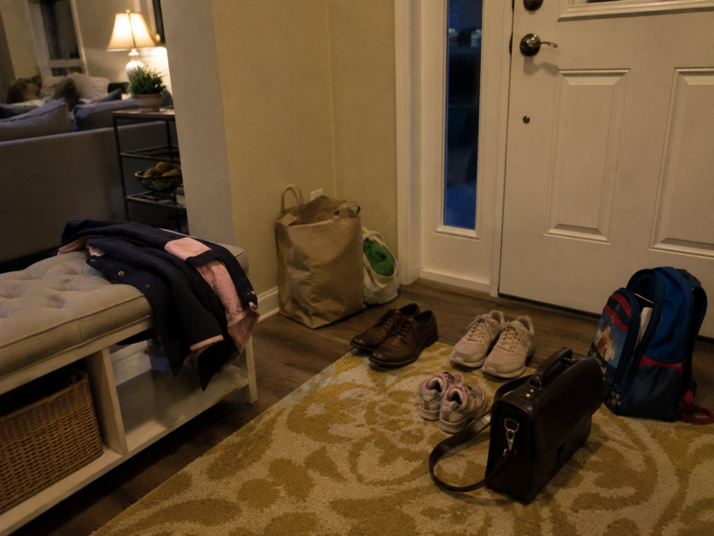 Work shoes, children's shoes, and a briefcase in a family entryway, reflecting marriage responsibilities during infidelity recovery.