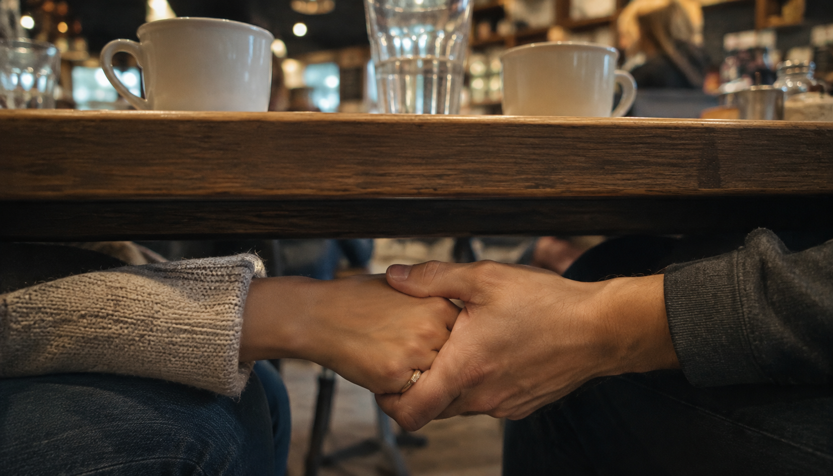 A married woman secretly holding another man's hand under a dining table, depicting the betrayal that led to her infidelity recovery.