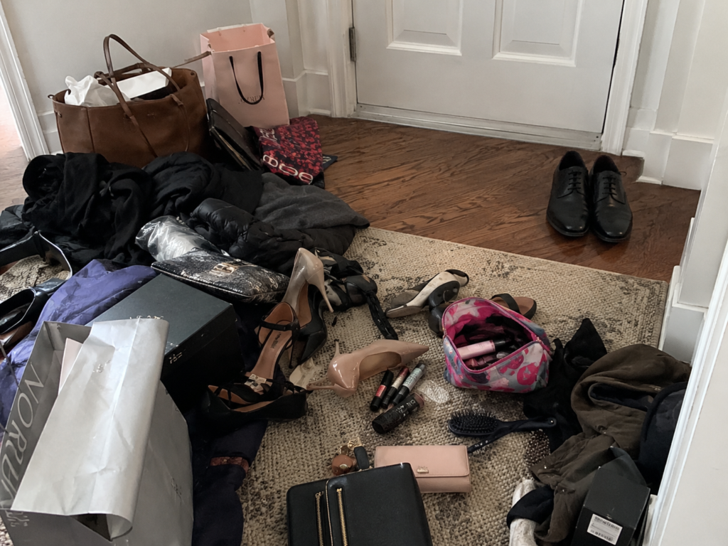 Cluttered entryway reflecting marrying a younger woman regret and household lifestyle conflicts
