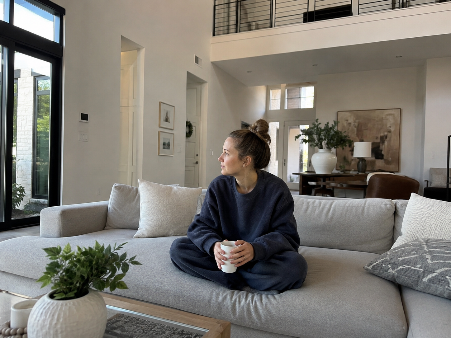 A lonely woman sitting in a luxury modern house reflecting on marrying for money regret
