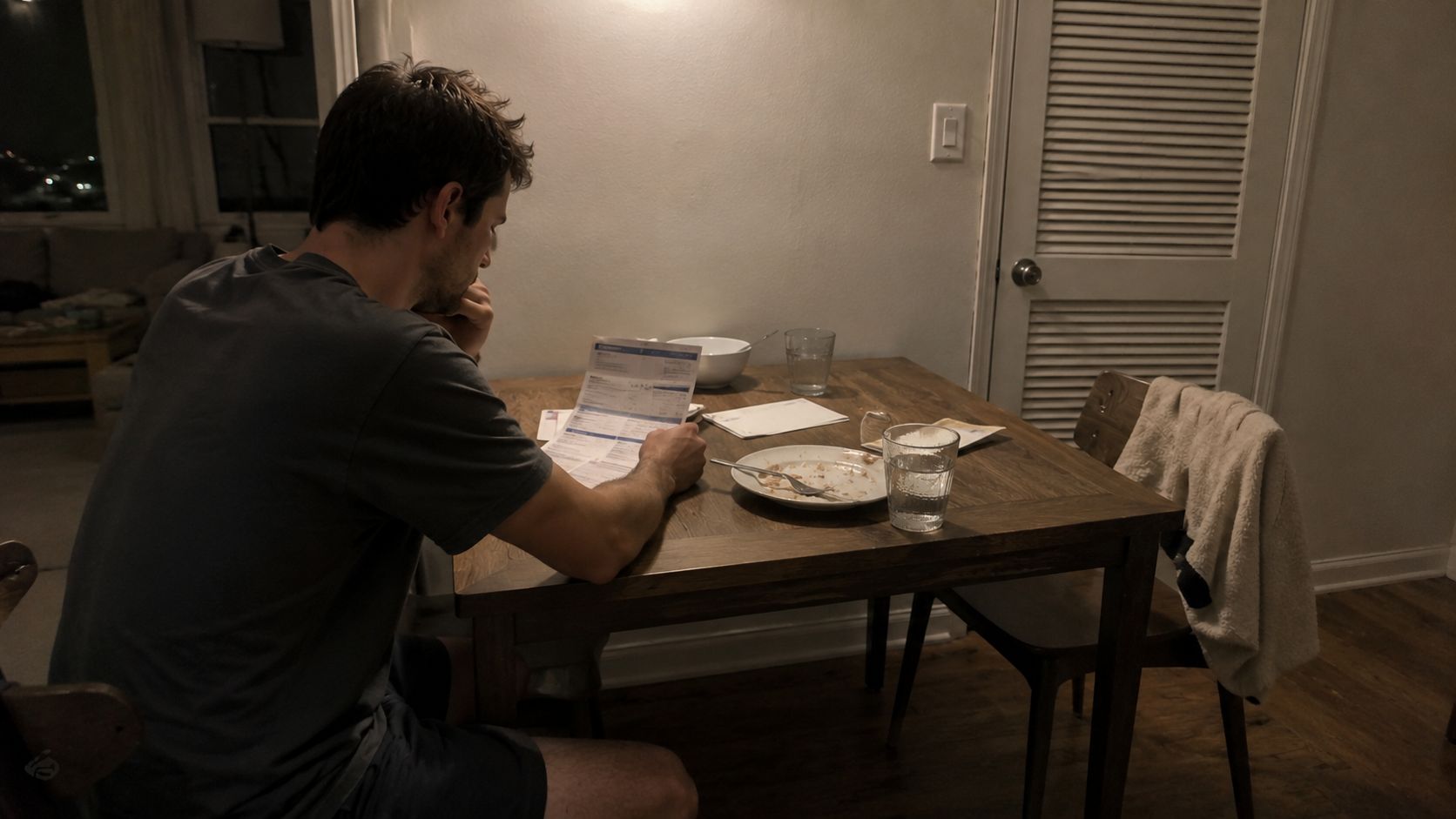 A man sitting alone after a breakup, reflecting on relationship deal breakers and unexpected financial stress.